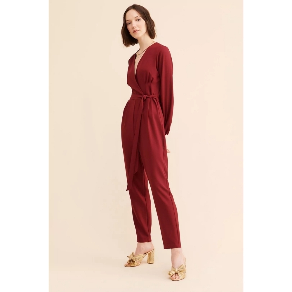 Anthropologie X Hutch Pleated Front Tie Waist Burgundy Jumpsuit Size 4